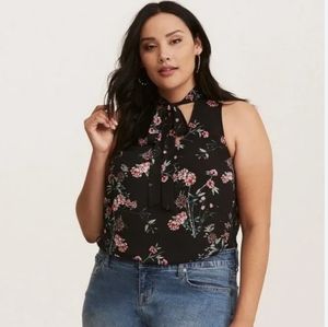 Torrid Plus Size Black Floral Print Georgette Tie Neck Blouse 1X